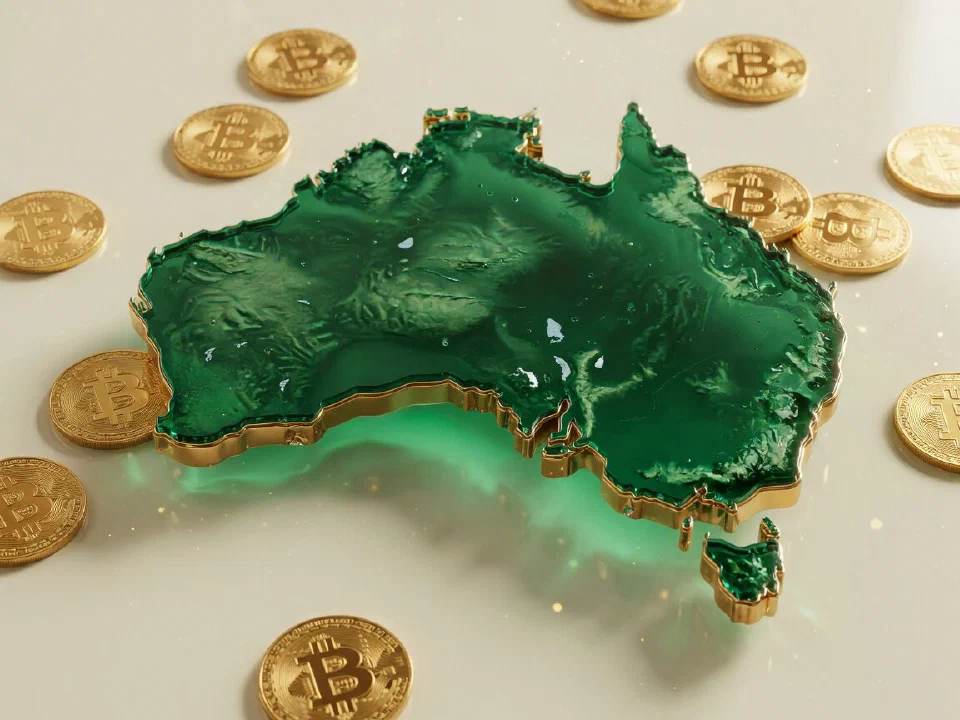 Emerald glass Australia with gold Bitcoin coins