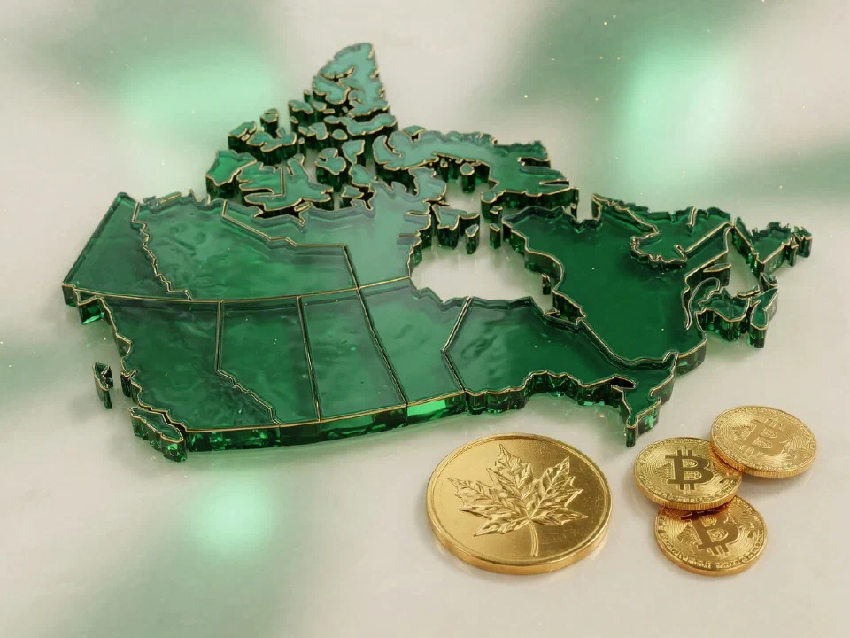 Emerald glass Canada with gold Bitcoin coins