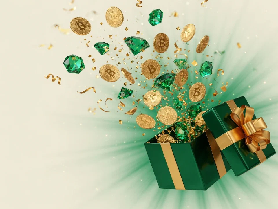 Emerald gift box bursting with gold Bitcoin coins and emeralds