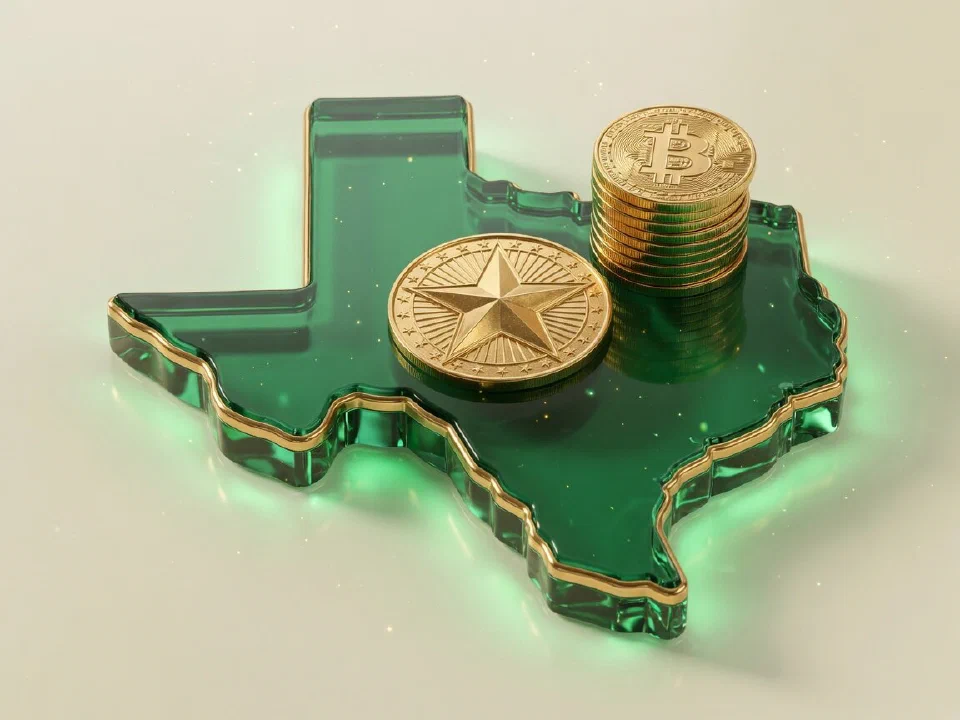 Emerald glass Texas with gold Bitcoin coins