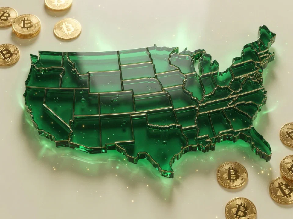 Emerald glass map of the USA with gold coins