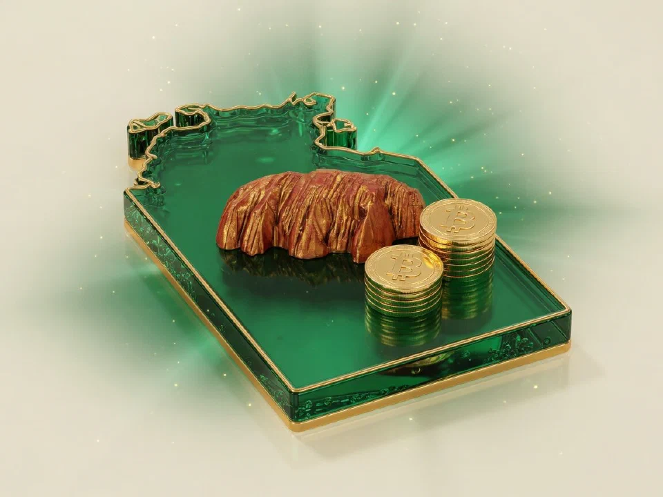 Emerald glass Northern Territory with gold Bitcoin coins