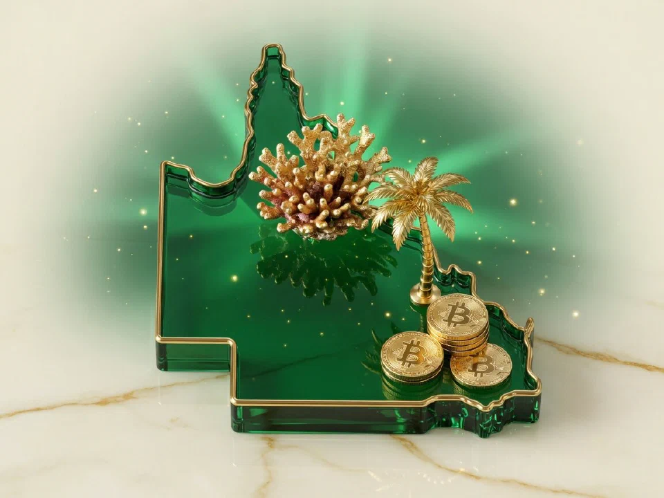 Emerald glass Queensland with gold Bitcoin coins