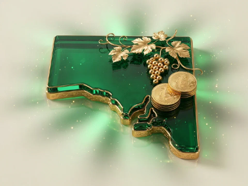 Emerald glass South Australia with gold Bitcoin coins