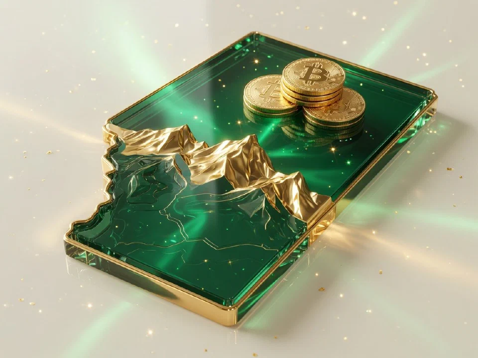 Emerald glass Alberta with gold Bitcoin coins