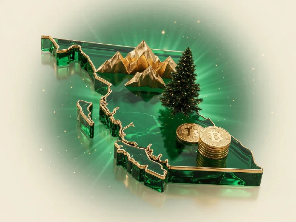 Emerald glass British Columbia with gold Bitcoin coins