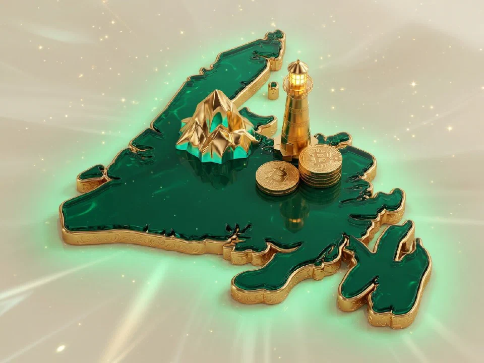 Emerald glass Newfoundland and Labrador with gold Bitcoin coins