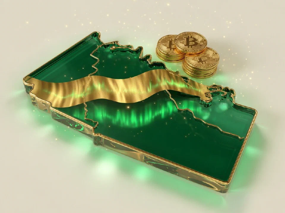 Emerald glass Northwest Territories with gold Bitcoin coins