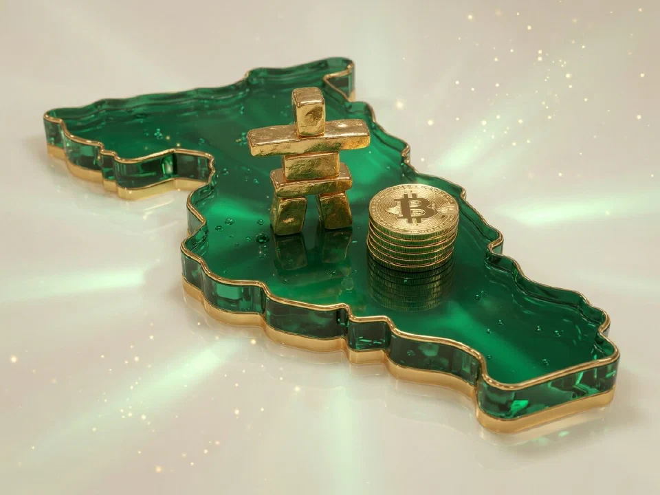 Emerald glass Nunavut with gold Bitcoin coins