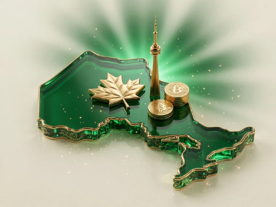 Emerald glass Ontario with gold Bitcoin coins