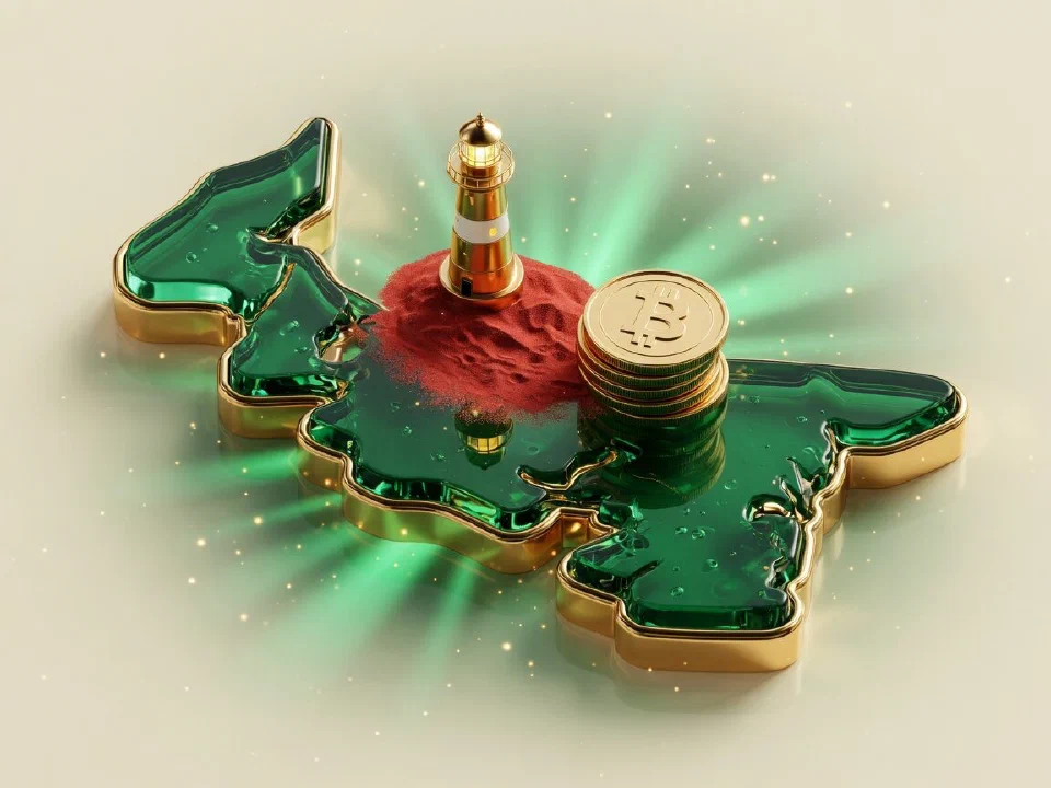 Emerald glass Prince Edward Island with gold Bitcoin coins
