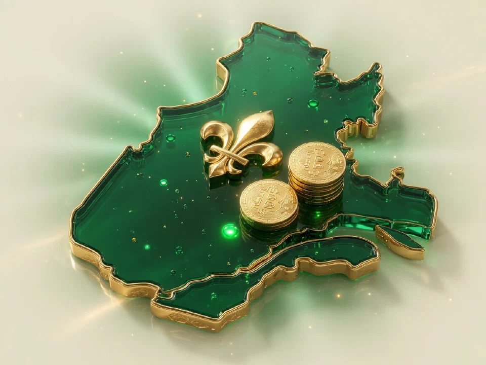 Emerald glass Quebec with gold Bitcoin coins