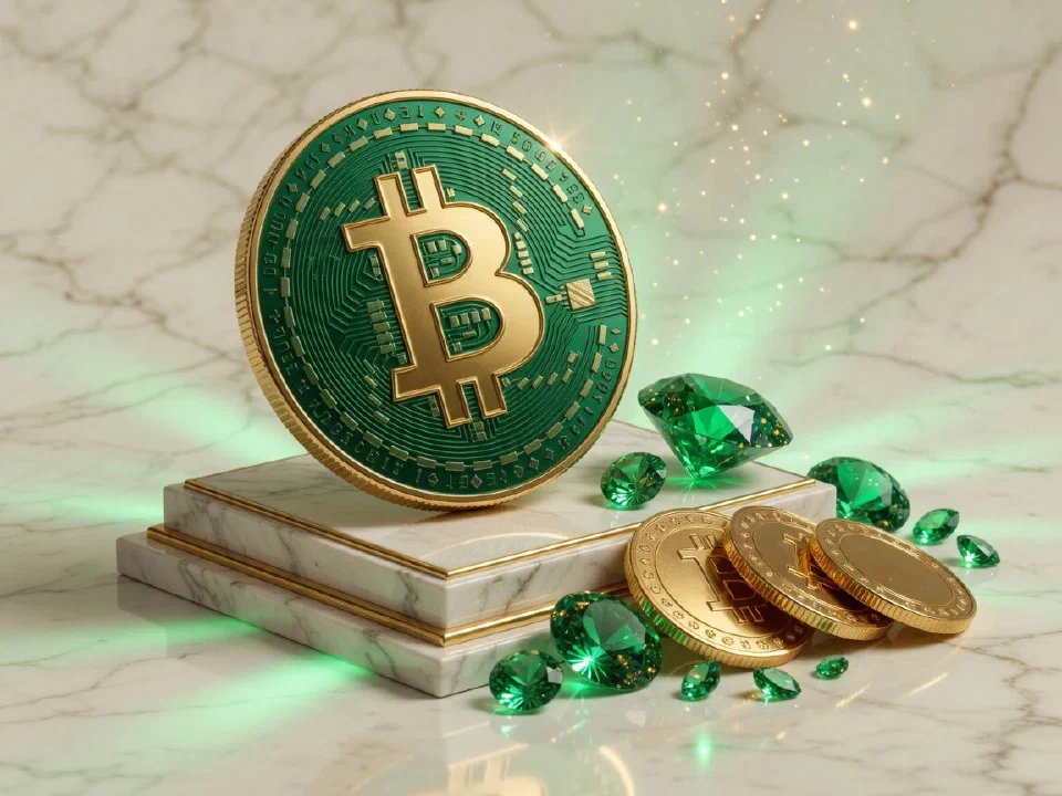 Bitcoin Cash coin on a marble plinth with gold Bitcoin coins