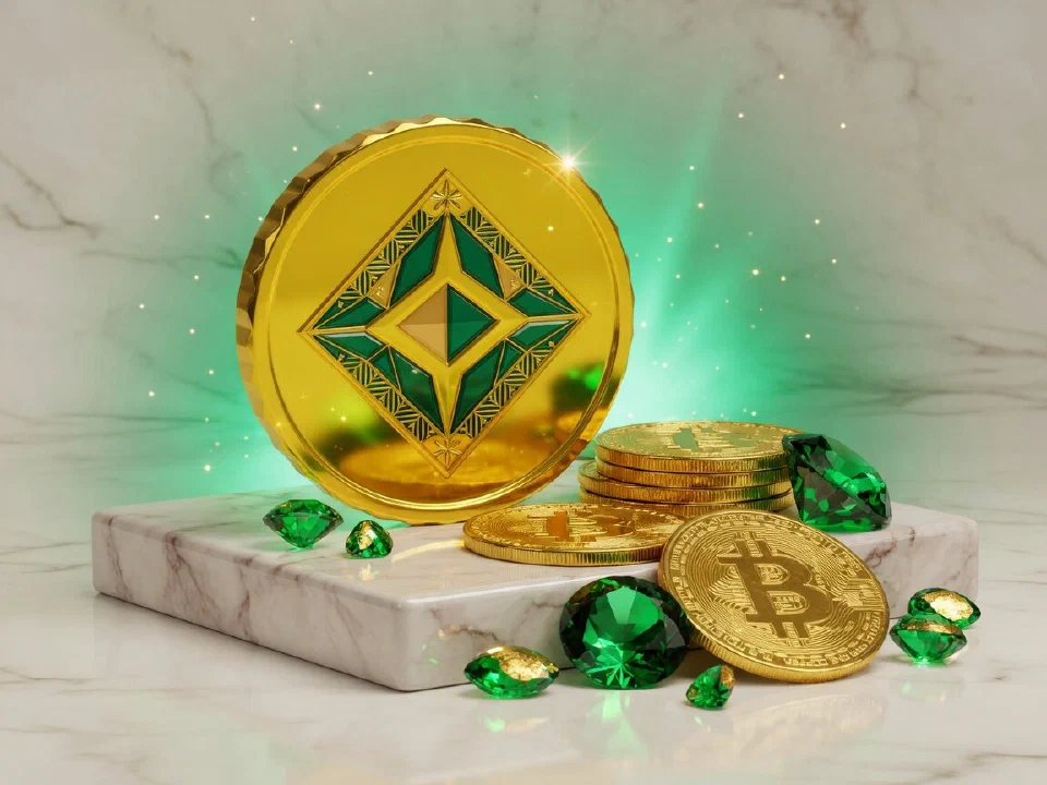 BNB coin on a marble plinth with gold Bitcoin coins