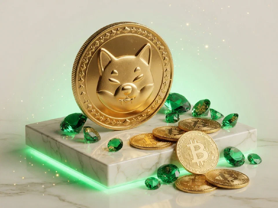 Dogecoin coin on a marble plinth with gold Bitcoin coins