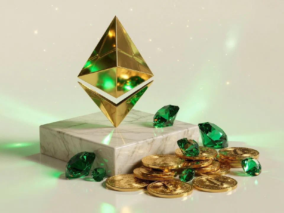Ethereum coin on a marble plinth with gold Bitcoin coins