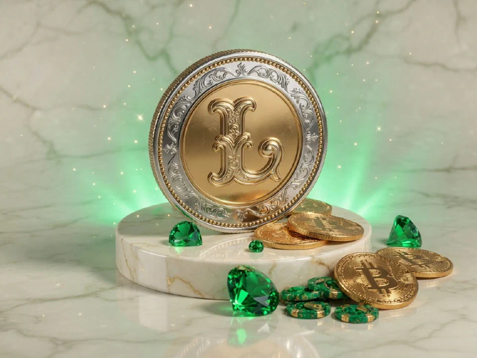 Litecoin coin on a marble plinth with gold Bitcoin coins