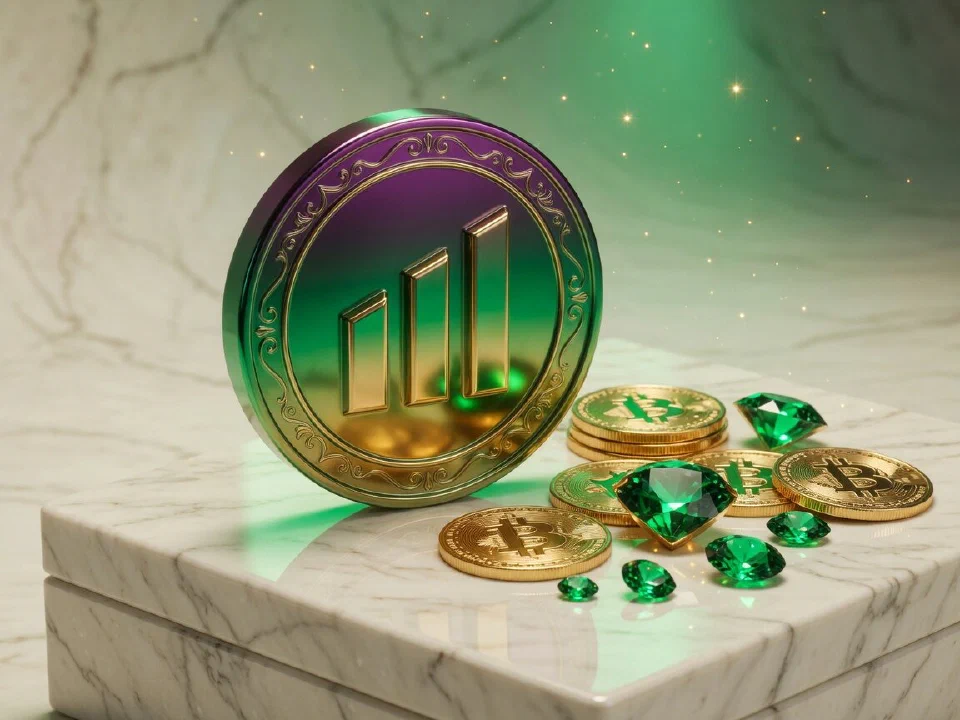 Solana coin on a marble plinth with gold Bitcoin coins