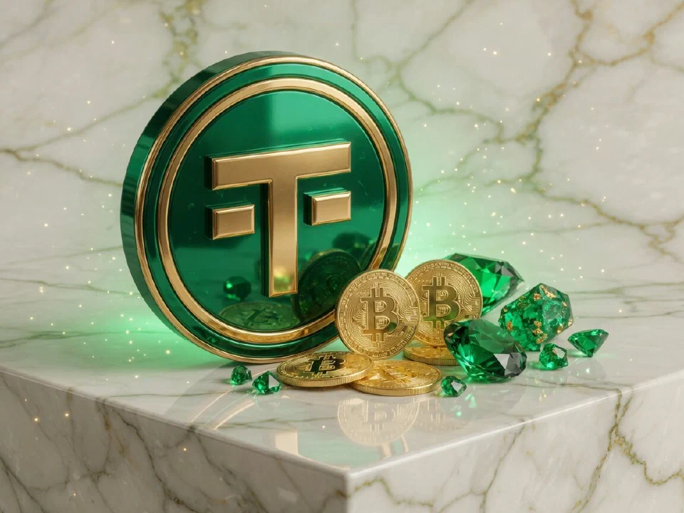 Tether coin on a marble plinth with gold Bitcoin coins