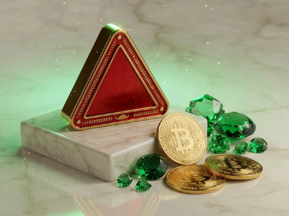 Tron coin on a marble plinth with gold Bitcoin coins