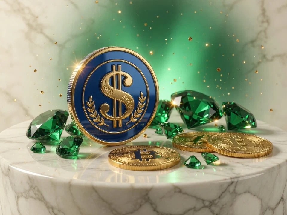 USD Coin coin on a marble plinth with gold Bitcoin coins