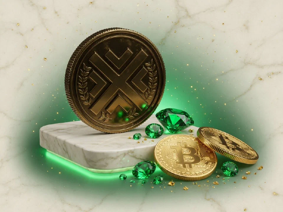 XRP coin on a marble plinth with gold Bitcoin coins