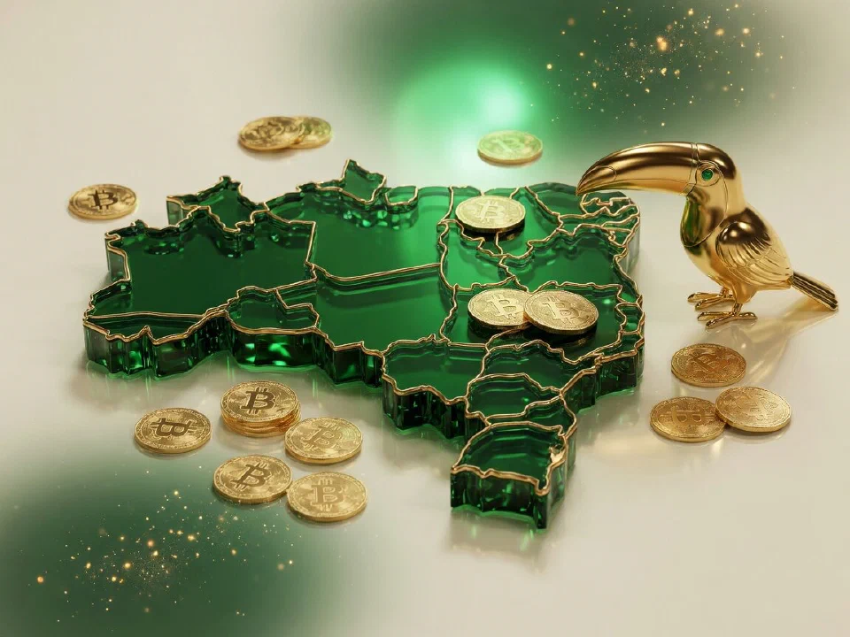 Emerald glass Brazil with gold Bitcoin coins