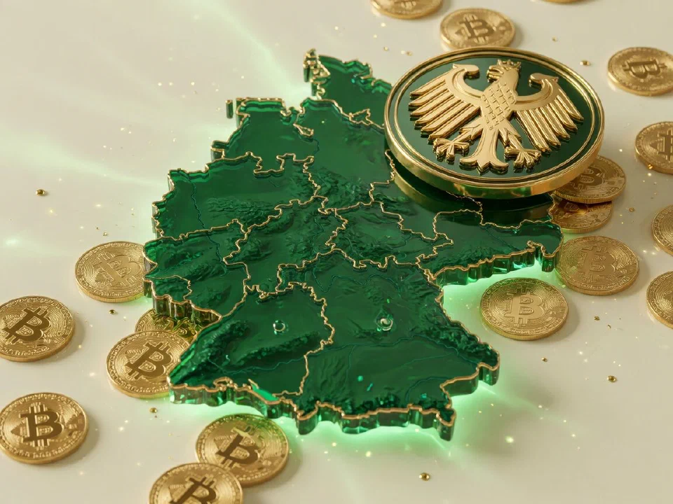 Emerald glass Germany with gold Bitcoin coins