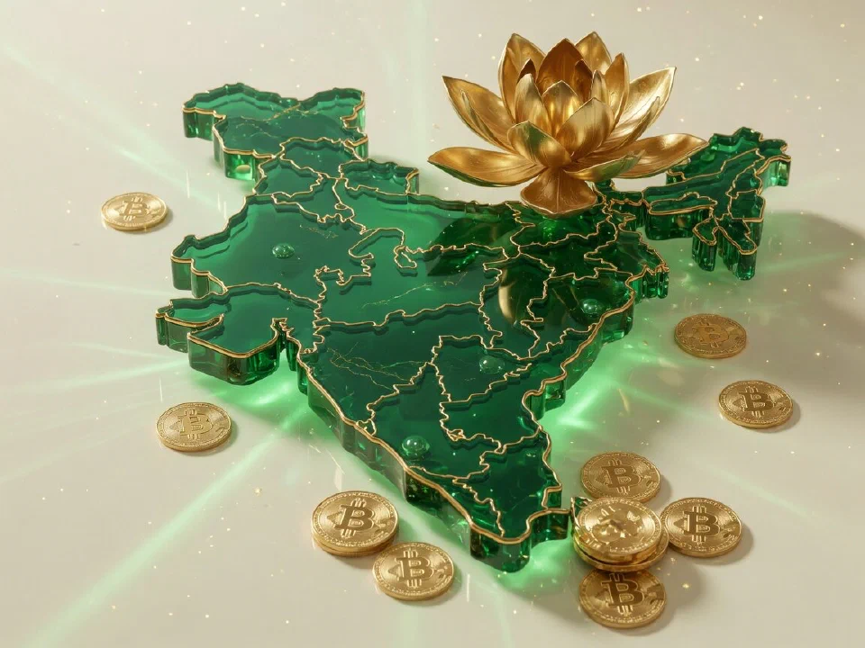 Emerald glass India with gold Bitcoin coins