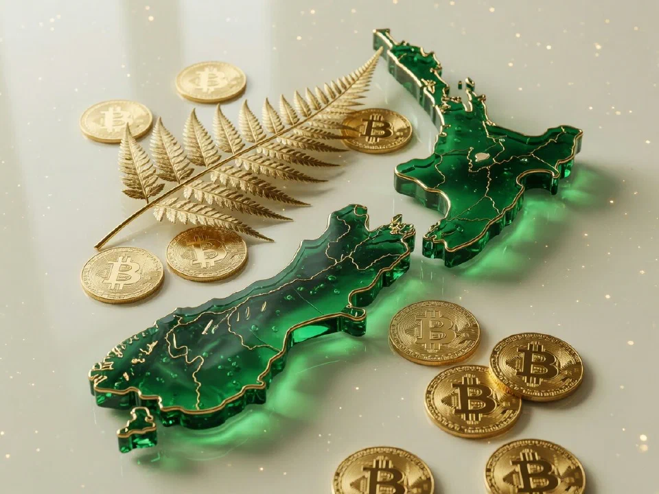 Emerald glass New Zealand with gold Bitcoin coins