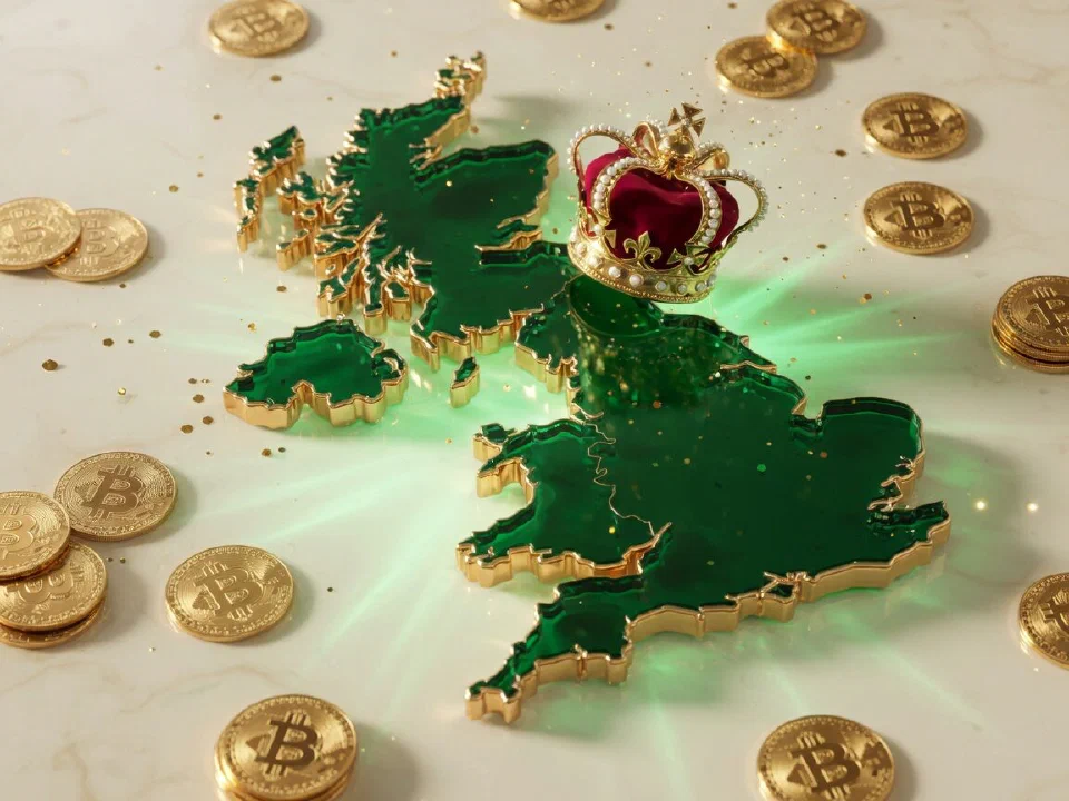 Emerald glass United Kingdom with gold Bitcoin coins