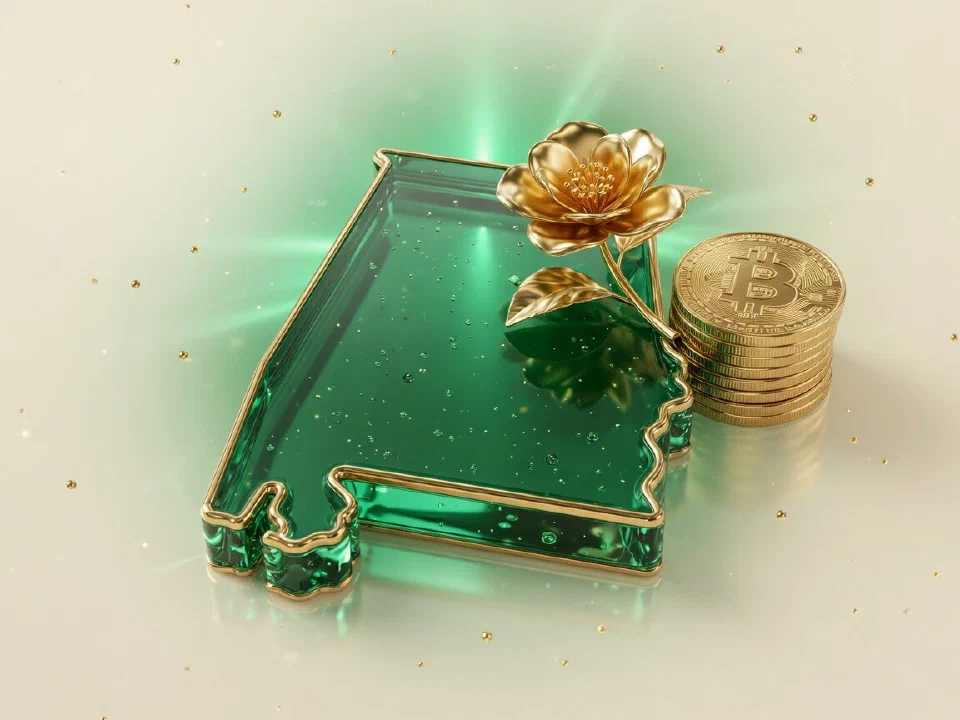 Emerald glass Alabama with gold Bitcoin coins