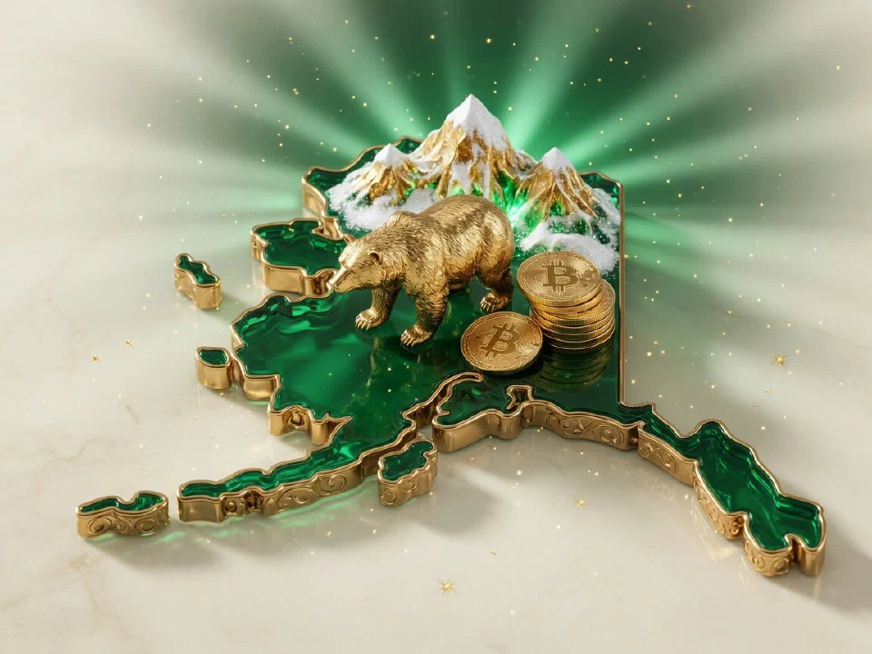 Emerald glass Alaska with gold Bitcoin coins