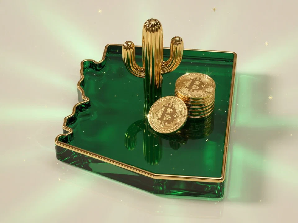 Emerald glass Arizona with gold Bitcoin coins