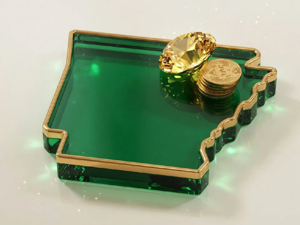 Emerald glass Arkansas with gold Bitcoin coins