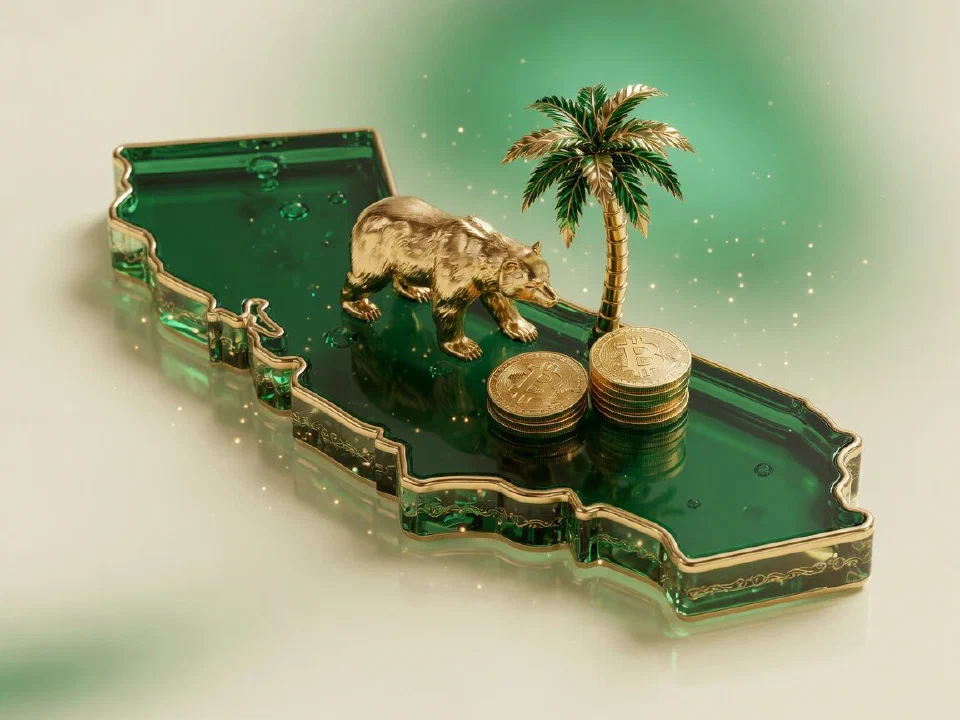 Emerald glass California with gold Bitcoin coins