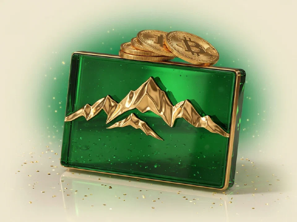 Emerald glass Colorado with gold Bitcoin coins