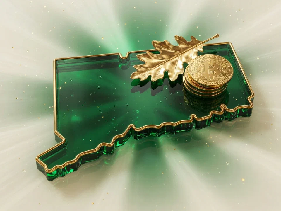 Emerald glass Connecticut with gold Bitcoin coins