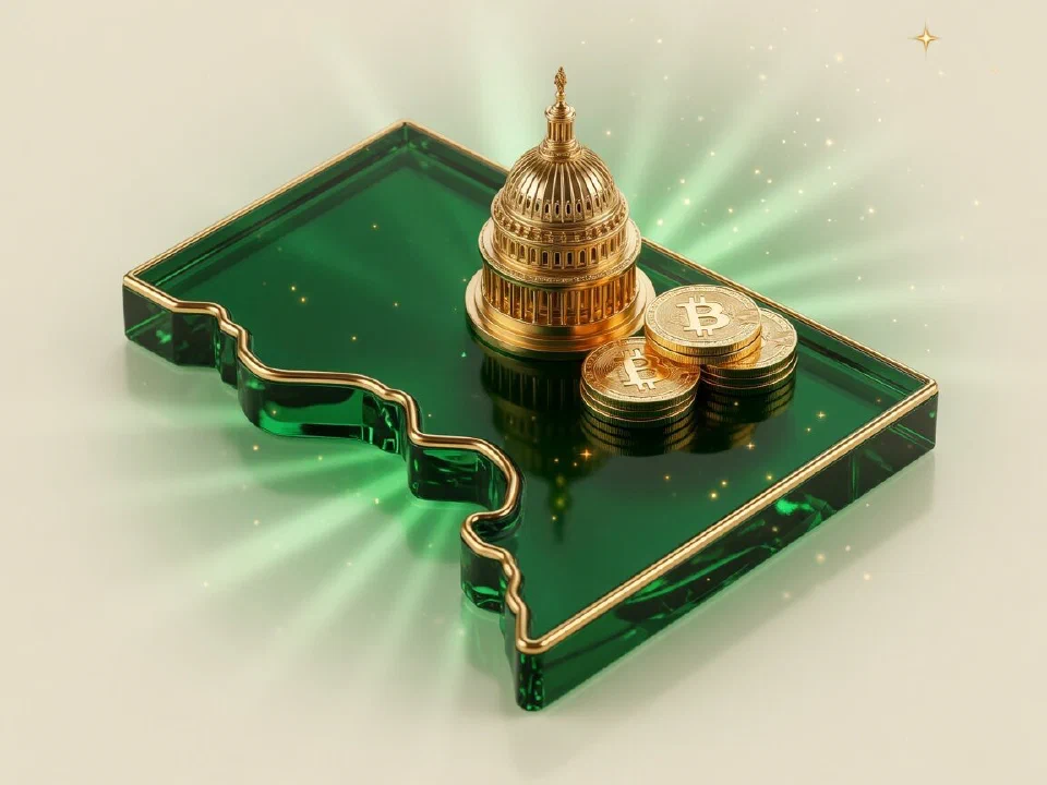 Emerald glass District of Columbia with gold Bitcoin coins