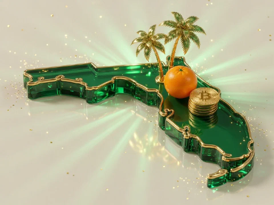 Emerald glass Florida with gold Bitcoin coins