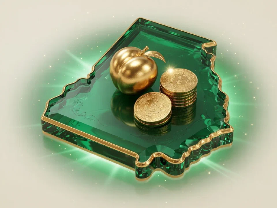 Emerald glass Georgia with gold Bitcoin coins