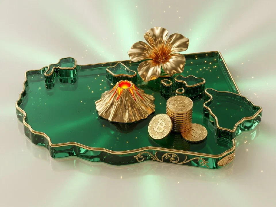 Emerald glass Hawaii with gold Bitcoin coins