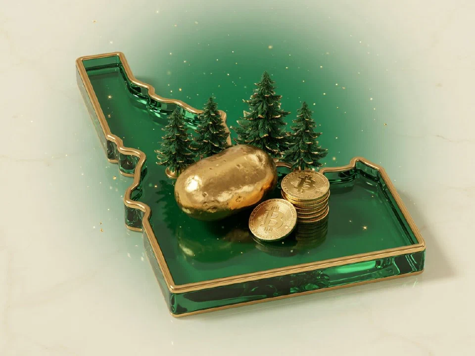 Emerald glass Idaho with gold Bitcoin coins
