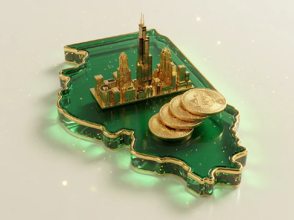 Emerald glass Illinois with gold Bitcoin coins