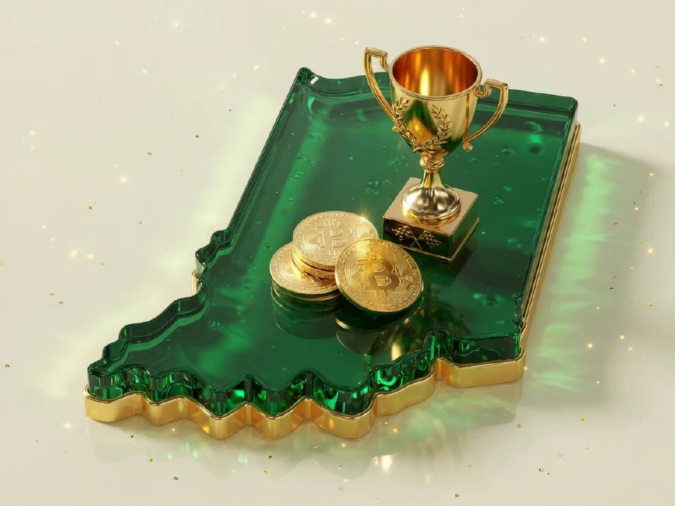 Emerald glass Indiana with gold Bitcoin coins