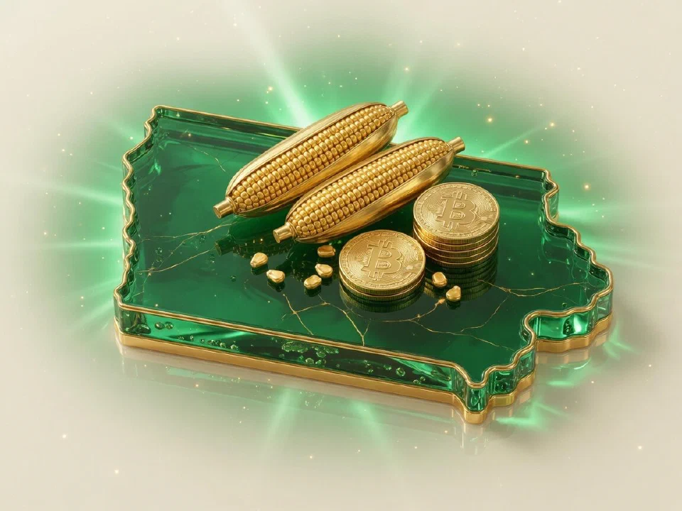 Emerald glass Iowa with gold Bitcoin coins