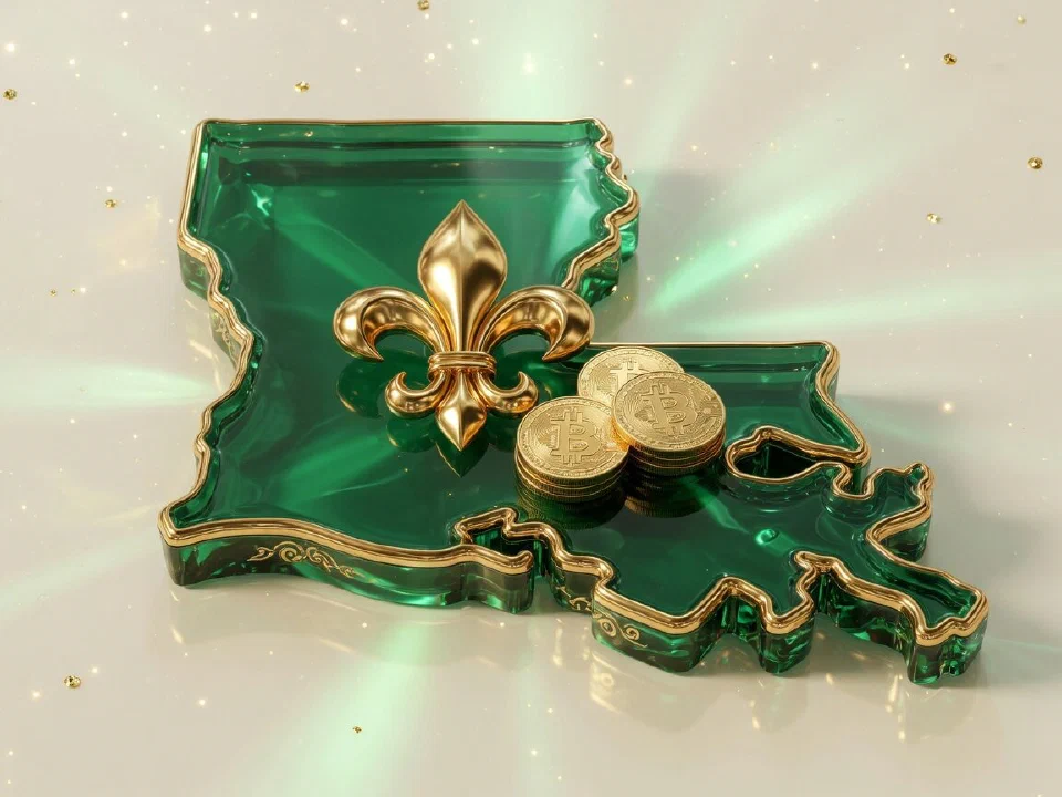 Emerald glass Louisiana with gold Bitcoin coins