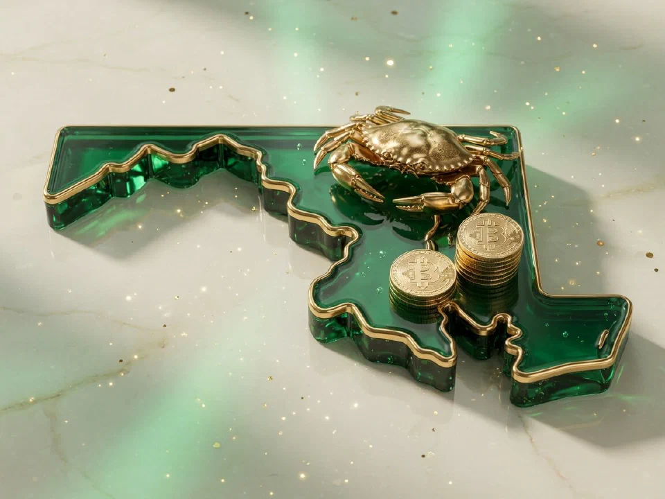 Emerald glass Maryland with gold Bitcoin coins