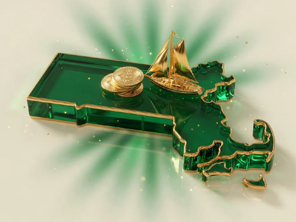 Emerald glass Massachusetts with gold Bitcoin coins