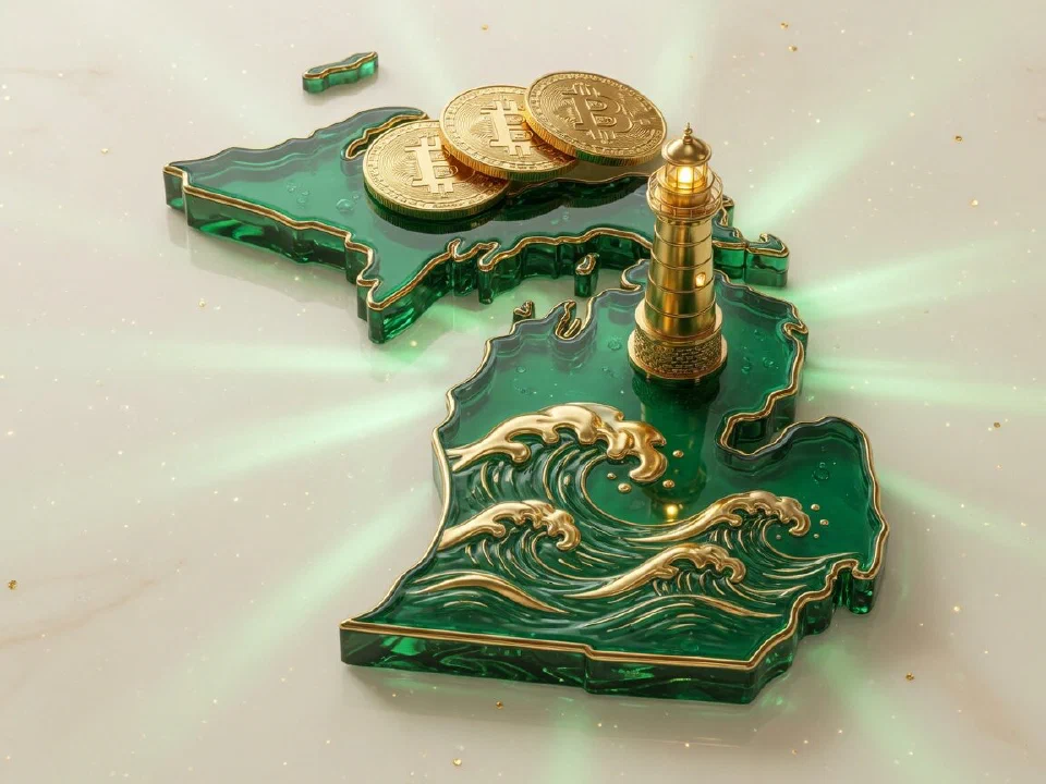 Emerald glass Michigan with gold Bitcoin coins